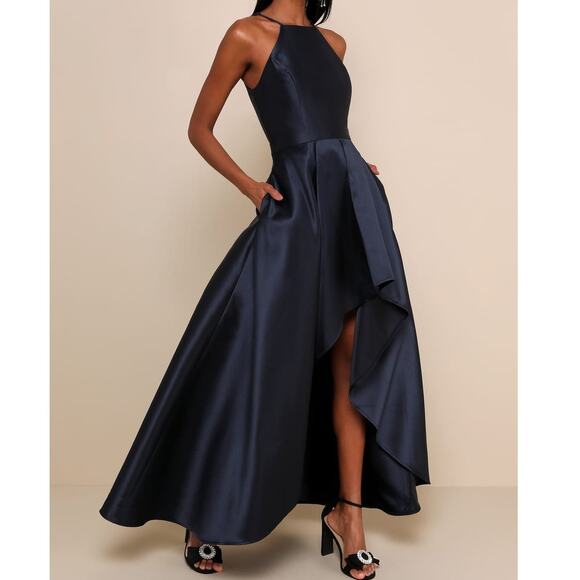 Lulus NWT Broadway Show Navy Blue High-Low Taffeta Pleated Gown Dress Medium - Picture 2 of 11